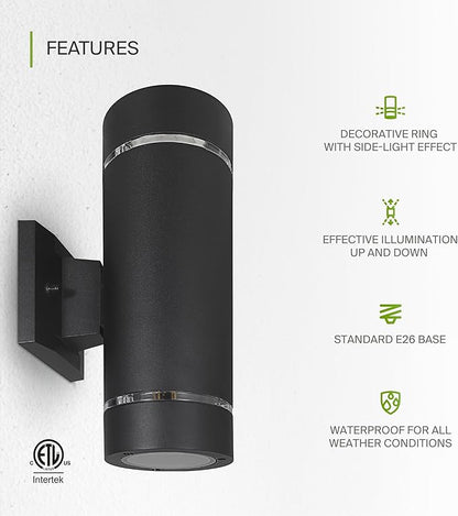 ASD 2 Light Outdoor Wall Light Fixture | 120W E26 Bulb Socket 120V ETL Cylinder Up Down Lights | LED/CFL/Incandescent Bulb Exterior Wall Sconce | Front Door, Porch Patio | Ringed Black