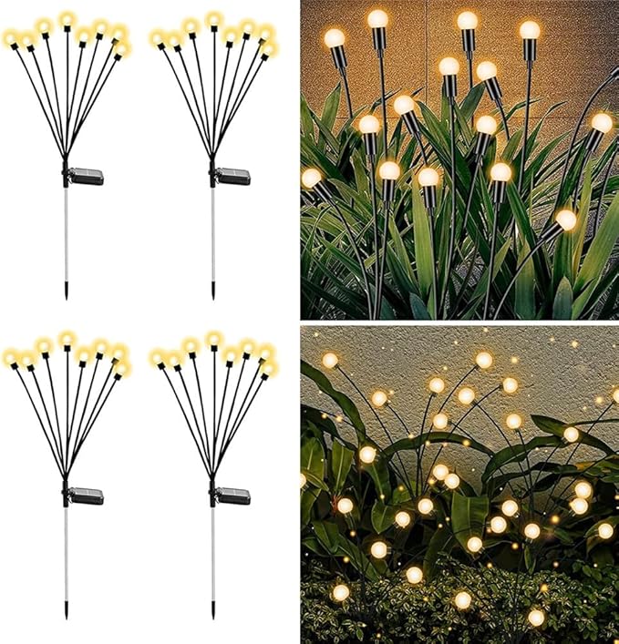 8-Pack 64 LED Solar Swaying Lights Outdoor Solar Powered Firefly Lights Garden Decor Waterproof Pathway Light Wind Landscape Lights Warm Yellow for Pathway Lawn Patio Courtyard Decor (White)