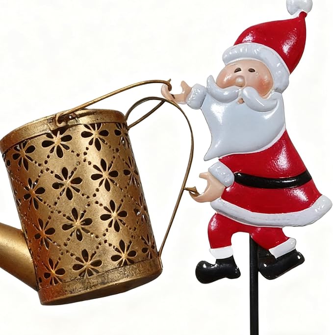 Christmas Santa Solar Kettle Lights Garden Lawn Vintage Metal Santa Claus Solar Watering Can with LED Light, Waterproof Outdoor Lantern Decoration for Patio, Pathway, Yard