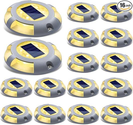 SIEDiNLAR Solar Deck Lights Dock Driveway Light LED Solar Powered Outdoor Waterproof Road Markers for Pathway Step Stair Garden Ground Sidewalk Yard 16 Pack (Warm White)