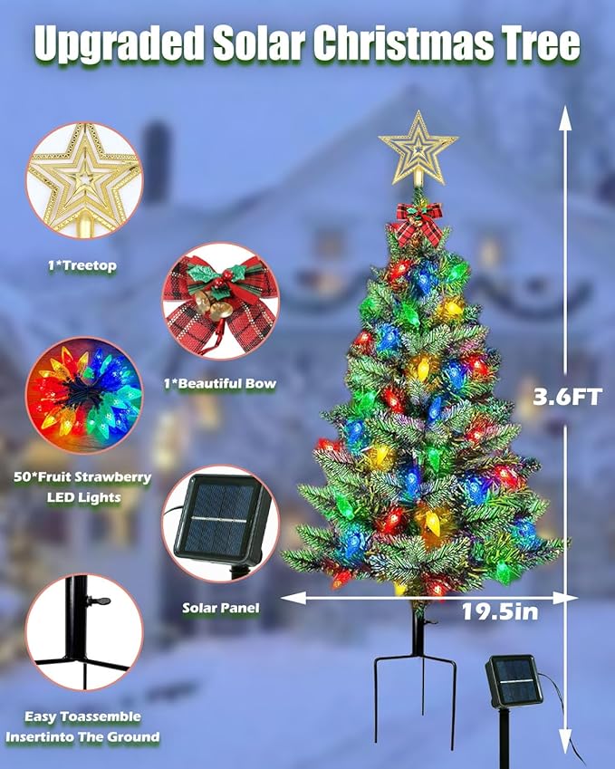 Upgraded 2-Pack 3.6 FT Solar Christmas Tree, Outdoor Christmas Decorations, Xmas Tree Solar Powered with 100 LED Multi-Color C6 String Lights, Suitable for Outside Garden Patio Yard Pathway