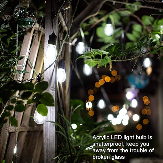 30ft Cool White LED Outdoor String Lights, Waterproof Festoon Light, 10 x Hanging Sockets with Shatterproof Light Bulbs for Backyard Garden Patio Pergola Gazebo Bistro Christmas Tree Wedding Party