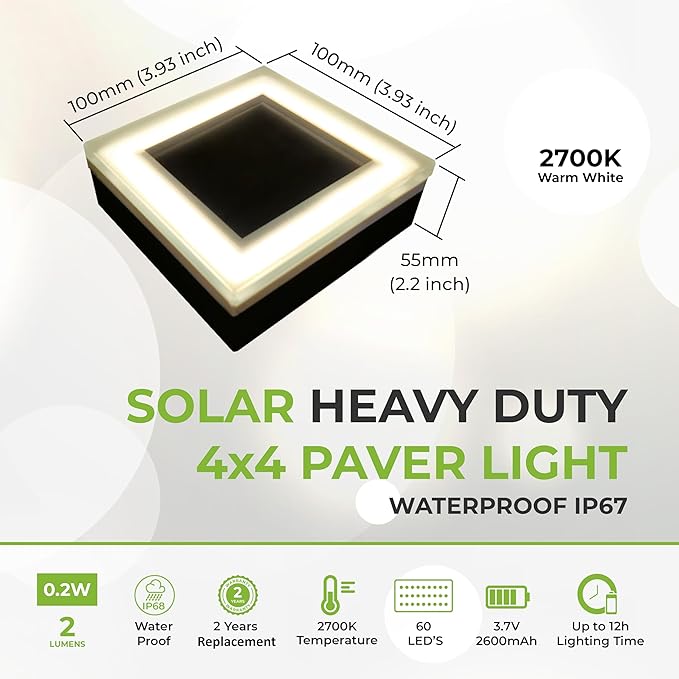 LUMENGY Solar Paver Light 4x4 Inch (3.93x3.93), Stainless Steel with Tempered Glass, 2700K - Outdoor Path Light | Lumora