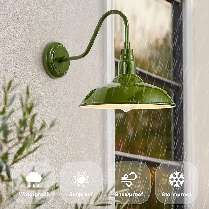 14in Outdoor Gooseneck Lights for Farmhouse, Barn Style Goose Neck Wall Light Fxiture with Wall Mount, Olive Green | Lumora