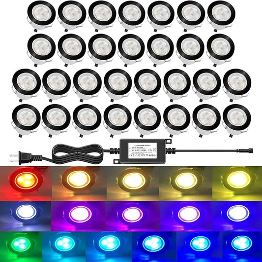 Low Voltage LED Deck Lighting Kit Stainless Steel 0.2W~0.5W Waterproof Outdoor Yard Garden Decoration Lamps Landscape Pathway Patio Step Stairs RGB LED In-ground Lights (Black Border,30pack)