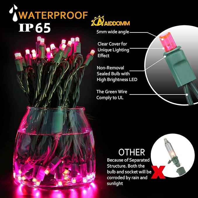 100 Counts Pink LED Christmas Lights – 50ft 5mm Pink Valentine's Day Lights Outdoor Commercial Grade Waterproof | Lumora