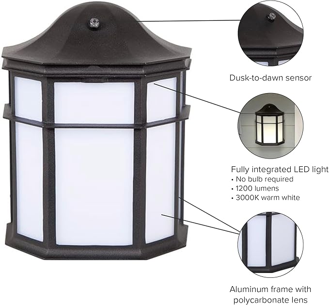 Maxxima Black Aluminum Outdoor LED Wall Pack Light - Featuring Automatic Dusk to Dawn Photocell Sensor, 1200 Lumens, 3000K Warm White, Decorative Sconce Lighting for Porch or Patio