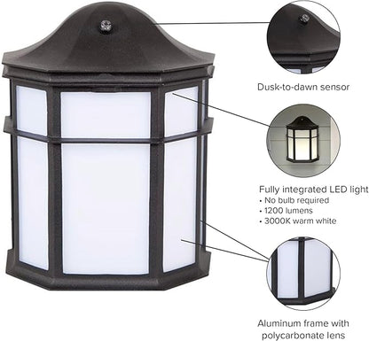 Maxxima Black Aluminum Outdoor LED Wall Pack Light - Featuring Automatic Dusk to Dawn Photocell Sensor, 1200 Lumens, 3000K Warm White, Decorative Sconce Lighting for Porch or Patio