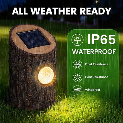 Solar Garden Lights Outdoor Decorative, 2 Pack Rustic Tree Stump Solar Pathway Lights IP65 Waterproof, Auto On/Off Yard Decor for Patio, Lawn, Flower Bed, Steps, Unique Garden Gifts, Warm White