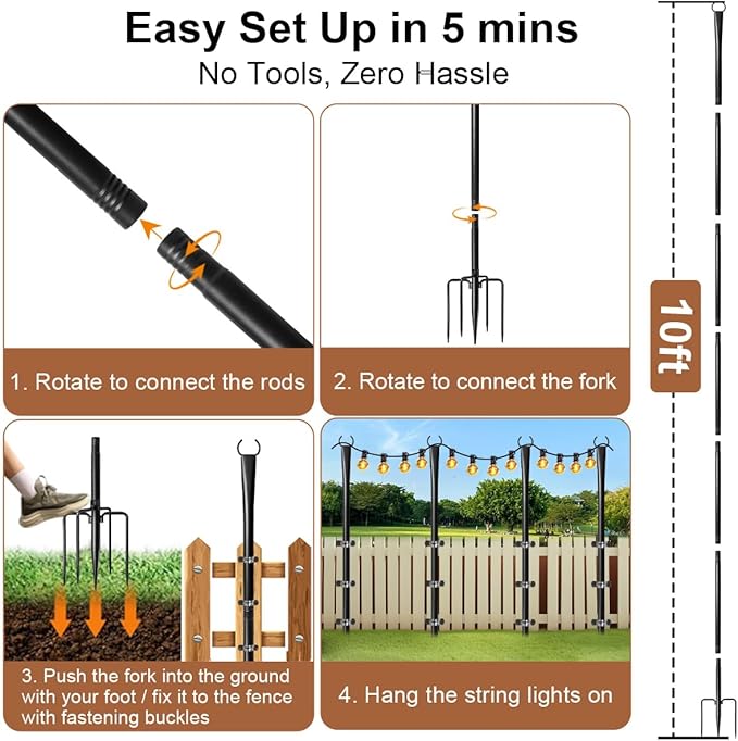 4 Pack String Light Poles for Outside, Heavy-Duty Metal Light Poles for Outdoor String Lights with Fork, Adjustable | Lumora