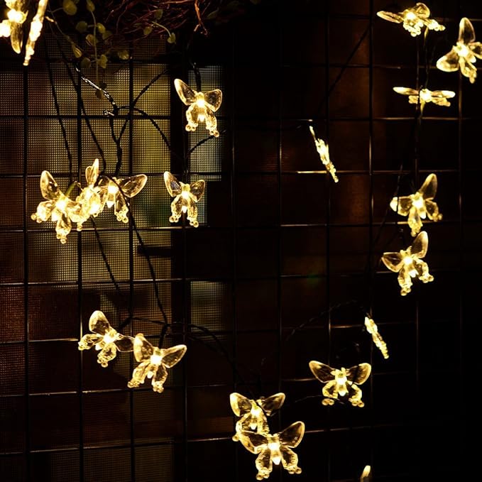 Solar String Lights, Waterproof 16ft 20LED Butterfly Christmas Fairy Lights Decorative Lighting for Home Party Wedding Patio Garden Porch Balcony (Warm White)