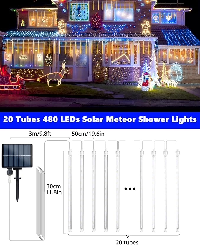 Flacchi Solar Meteor Shower Icicle Lights - 20 Tubes 480 LED Cascading Raindrop Lights, Outdoor Waterproof | Lumora