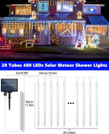 Flacchi Solar Meteor Shower Icicle Lights - 20 Tubes 480 LED Cascading Raindrop Lights, Outdoor Waterproof | Lumora