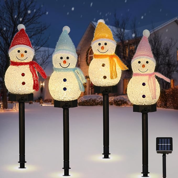 Lewondr Snowman Christmas Decorations Lights, 4PCS Solar Lighted Snowman with Garden Stakes, Waterproof Garden Lawn Pathway with 8 Lighting Modes, Solar Christmas Lights Decor for Yard Outdoor