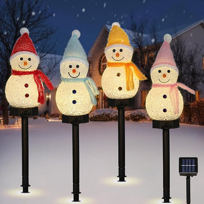 Lewondr Snowman Christmas Decorations Lights, 4PCS Solar Lighted Snowman with Garden Stakes, Waterproof Garden Lawn Pathway with 8 Lighting Modes, Solar Christmas Lights Decor for Yard Outdoor
