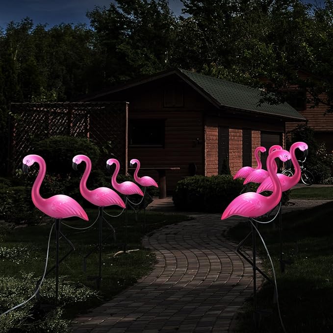 Geelin 6 Packs Pink Flamingo Solar Lights Outdoor Decoration Ip55 Waterproof Solar Powered Flamingo Garden Stake Light for Yard Patio Lawn Pathway Walkway Driveway Outside Decor