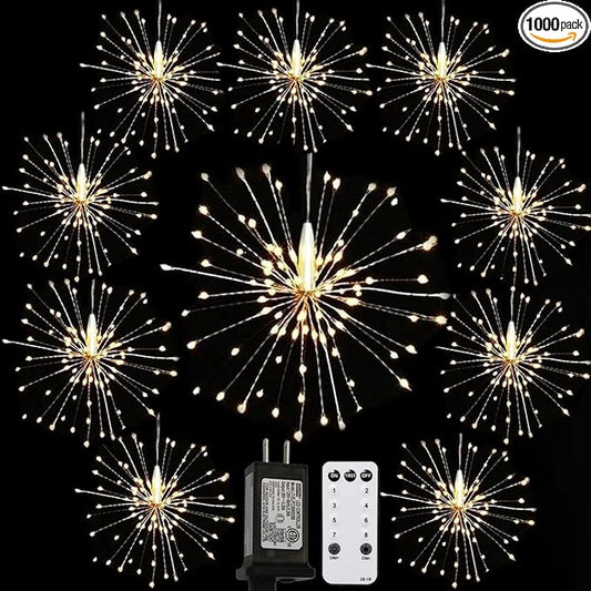 10 Pcs Total 1000 LED Firework Copper Wire Lights, 8 Modes Fairy Twinkle Lights Plug in String Lights 1M/3.3FT Spacing Starburst Lights with Sagging Wire and Remote Control(Warm White)