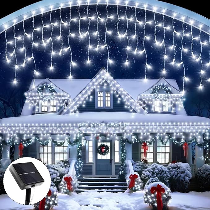 Solar LED Icicle String Lights, 160 LED, 8 Lighting Modes, Waterproof Outdoor Christmas Fairy Lights for Yard Garden Decoration, Pack of 1