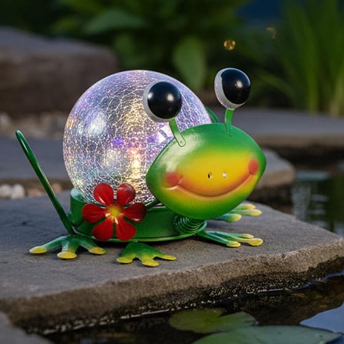 Solar Lights Outdoor Frog Garden Decor with Crackle Glass Globe Lights - Cute Metal Frog Decor for Yard Lawn Patio | Lumora