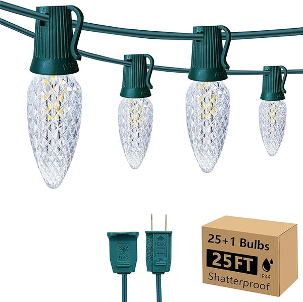 25FT C9 Christmas String Lights Outdoor, 25+1 LED Strawberry Christmas Lights on Connectable Green Wire, 2700K Warm | Lumora