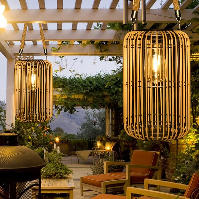 Livinlarge Solar Lantern Outdoor Waterproof,Large Rattan Lantern Outdoor Hanging with Handle,Bright Solar Lights | Lumora