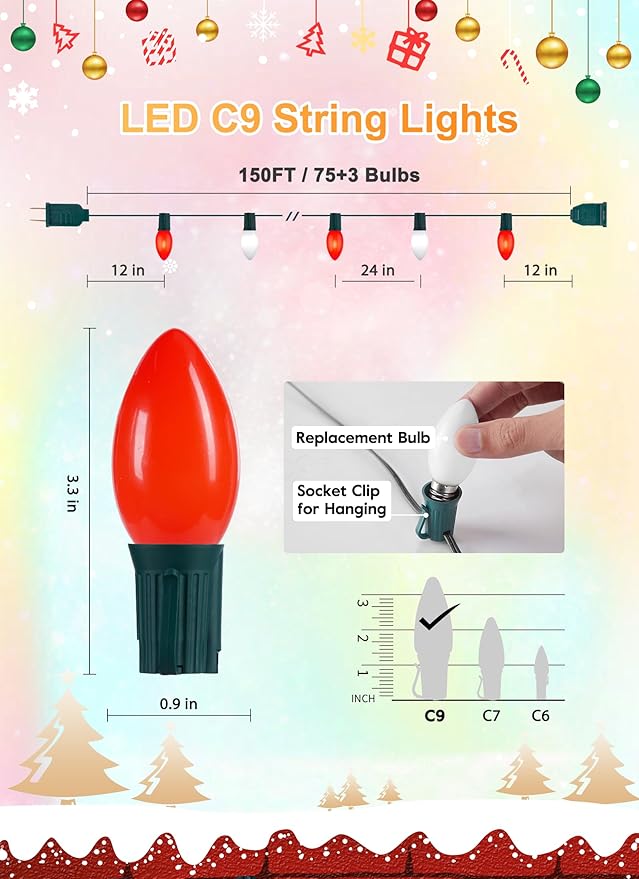 Vintage C9 LED Christmas Lights Outdoor, 150 Feet C9 String Lights with 75 Shatterproof C9 Bulbs, Waterproof | Lumora