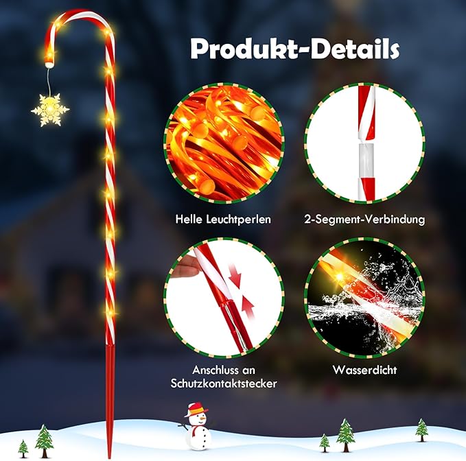 HELESIN Light Chain Candy Cane, 10 Pieces Raised Design Candy Sticks LED Outdoor, 110LED 12 Modes Candy Sticks Lighted, Waterproof Snowflake Christmas Lighting for Garden Christmas Decor