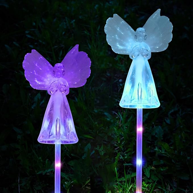 2 Pack Solar Angel Lights Outdoor, Solar Powered Color Changing Garden Stake Lights, Waterproof Memorial Decorative Lights for Cemetery Grave Yard Patio