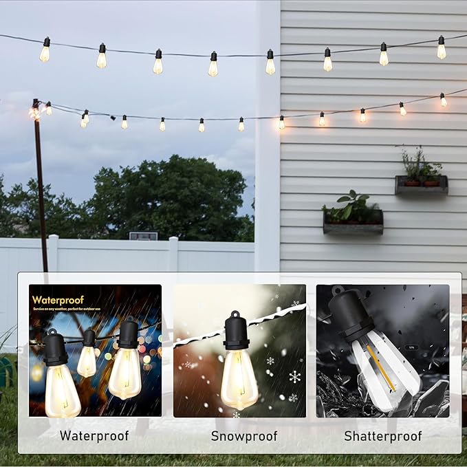 25FT LED Outdoor String Lights with 13 ST38 Edison Shatterproof Plastic Bulbs,2700K Waterproof Connectable Outdoor Patio Lights String for Home Garden Porch Cafe Yard Party Deck Decor