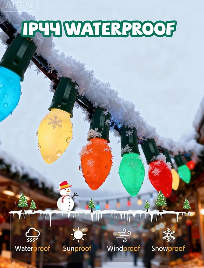 Abeja 25FT C7 Multicolor Light Outdoor, Vintage Christmas String Lights with 27 Multicolor Ceramic Bulbs (2 Spare), Hanging Christmas Lights for Outdoor Xmas Patio Wedding Party Garden Decor