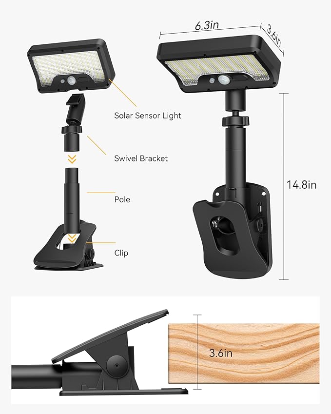 Clip On Solar Lights Outdoor, 92LED 500LM with Type-C Charging, Solar Motion Sensor Security Light, 3 Modes Waterproof Chain Link Fence Lights for Deck, Garden, Gutter, Mailbox, Camping