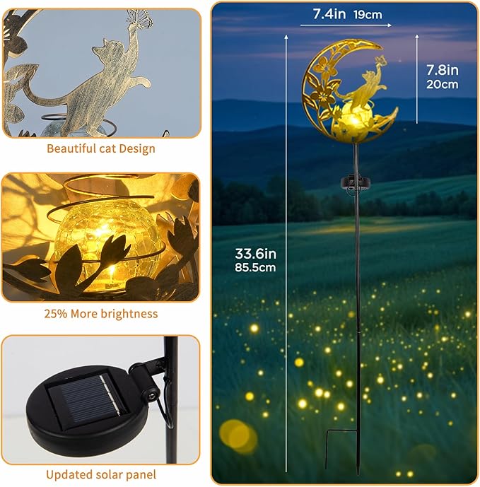 Cat Solar Lights Moon Garden Decor, Cat Gift for Women, Garden-Cracked Glass Ball Solar Lights, Unique Gift Ideas for Gardening Mom Grandma, Outdoor Decorations Patio Yard Lawn Backyard Decor