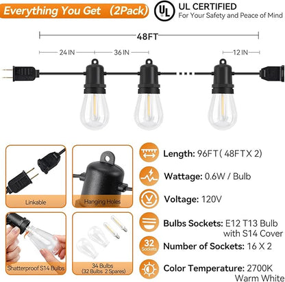 96FT Total LED Outdoor String Lights 2-Pack Dimmable Commercial Grade S14 Bulbs IP44 Weatherproof & Shatterproof for Large Patio Cafe Event