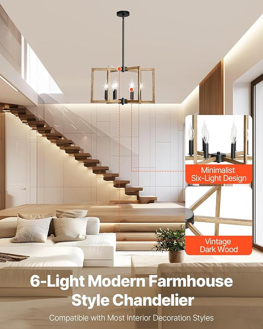 VEVOR 6-Light Chandelier, Metal Farmhouse Chandelier, Adjustable Height, Dining Room Hanging Light Fixture for Ceilings, Modern Chandelier for Bedroom, Foyer, Hall, Kitchen, Living Room and Entryway