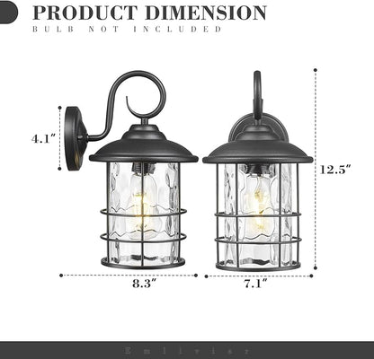 Emliviar 2 Pack Outdoor Black Wall Sconces with Water Ripple Glass, E26 Base, 12.5 Inch Front Door Vintage Wall Lighting for Entryway and Garden, 1803CW2-2PK-WG