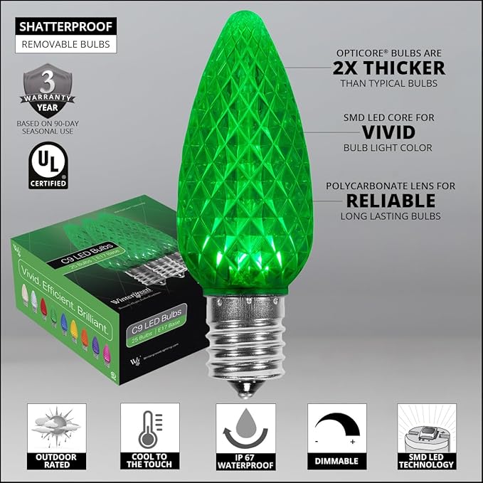 Wintergreen Lighting C9 OptiCore LED Green Christmas Lights – Heavy Duty Commercial Outdoor Bulbs for St Patrick's Day; 18 Gauge White Wire (100 Lights, 100 Ft, Green)