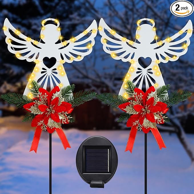 Baquler 2 Pack Christmas Solar Angel Stake Lights 32" Christmas Cemetery Grave Decorations with Poinsettia for Xmas Cemetery Memorial Outdoor Yard Pathway Garden Lawn Decorations