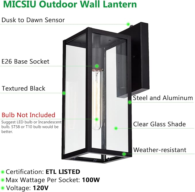 MICSIU Dusk to Dawn Outdoor Lighting, 14.5 Inch Modern Farmhouse Exterior Wall Sconce with Clear Glass, Industrial Black Outside Light for House Garage Entryway, E26 Base 100W Max, ETL Listed