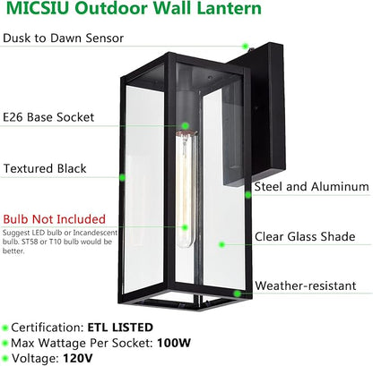 MICSIU Dusk to Dawn Outdoor Lighting, 14.5 Inch Modern Farmhouse Exterior Wall Sconce with Clear Glass, Industrial Black Outside Light for House Garage Entryway, E26 Base 100W Max, ETL Listed