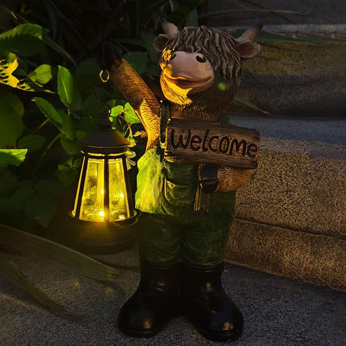 Solar Garden Decor Statues: Handmade Resin Statue with LED Light,Highland Cow Figurine Outdoor Garden Decor Unique | Lumora
