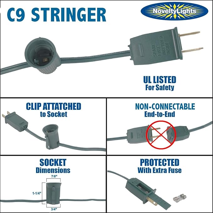 Novelty Lights 100 Foot C9 Outdoor String Light Christmas Stringer - Patio String Lights - Intermediate Base (C9/E17) - 12" Spacing - Black Wire