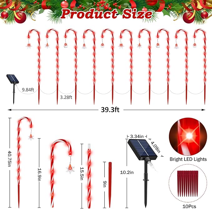 Solar Christmas Candy Cane Lights Outdoor, 20 Pack 110Led 41inch Large Christmas Decorations Pathway Lights with 8 Modes for Xmas Tree Patio Garden Yard Lawn Holiday Party Walkway Decor