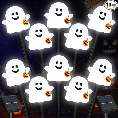 BRIGHTDECK Solar Halloween Ghost Pathway Lights, 10 Pack Ghost Stake Lights with Pumpkin Design, Durable Waterproof Outdoor Halloween Decoration for Garden, Walkway, and Yard (Cold White)