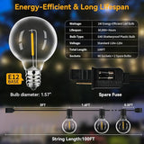 100ft Outdoor String Lights Waterproof/Connectable/Dimmable with 62 LED Shatterproof Bulbs UL Listed, G40 Globe | Lumora