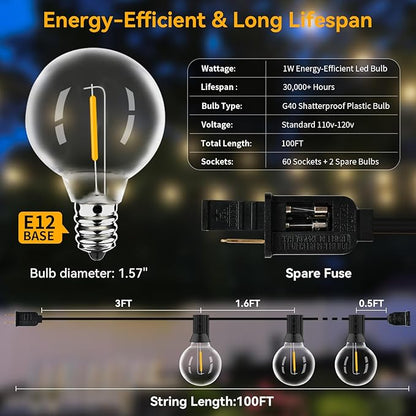 100ft Outdoor String Lights Waterproof/Connectable/Dimmable with 62 LED Shatterproof Bulbs UL Listed, G40 Globe 2700K Patio Lights Outdoor Lighting for Backyard Porch Cafe Party Wedding Garden