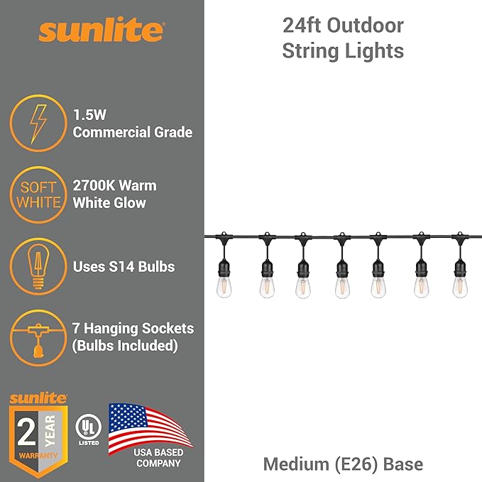 Sunlite 80571 24ft Outdoor String Lights, 1.5W Commercial Grade, Waterproof, Linkable Strands, UL Listed, 7 Hanging | Lumora