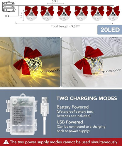 AceList Disco Ball String Lights with Removable Red Bows, 20 LED 1.6" Large Mirror Balls, 8 Modes Waterproof Battery Box/USB Fairy Lights for Christmas Tree, 70s Party, Bedroom, Outdoor Camping