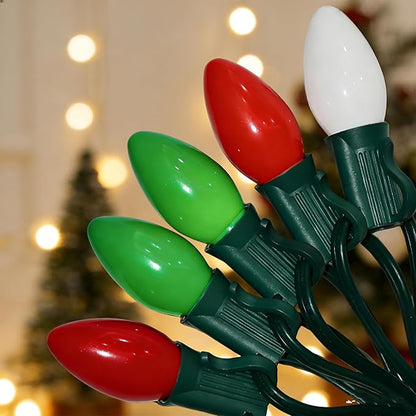 C7 Multicolor Christmas String Lights 25 Feet Outdoor String Lights with 27 LED Red White Green Bulbs(2 Spare), Hanging Christmas Lights for Roof Patio Balcony Party Xmas Decor, Green Wire