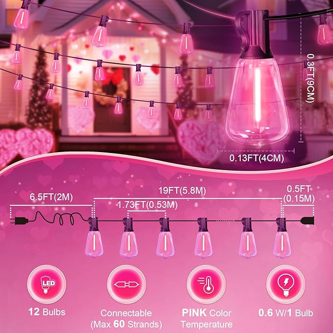 LAMPHOME 2-Pack 26Ft ST38 Pink Valentine's Day Patio Lights ，Outdoor String Lights with 12+1 ST38 Edison Bulbs | Lumora
