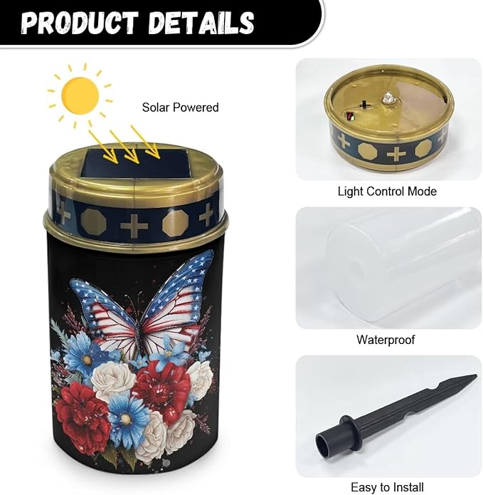 American Butterfly Cemetery Solar Stake Lights Bright Solar Powered Lights Garden Solar Light Decorative Memorial Lights for Yard, Lawn, Patio, Pathway, Backyard Gravesite Decor